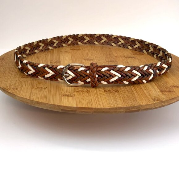 Vintage 1980's Copper Key Braided Leather Belt Size M/28 Tan Brown White Boho - Picture 4 of 14